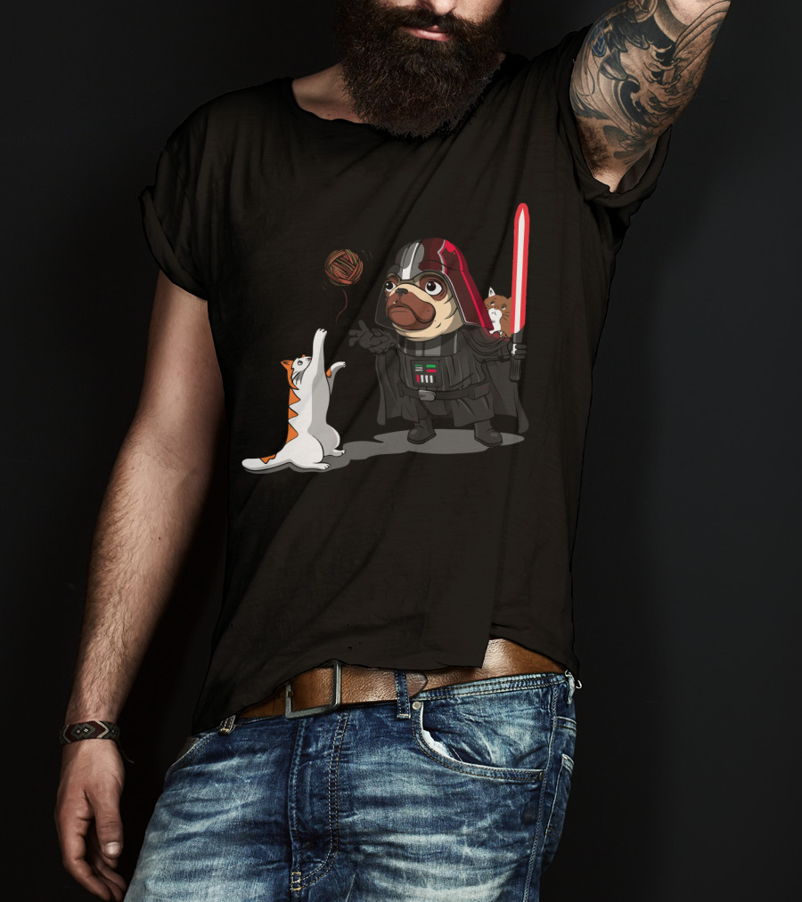 Pug Vader With Lightsaber And Cats Playing With Yarn Star Wars T-Shirt