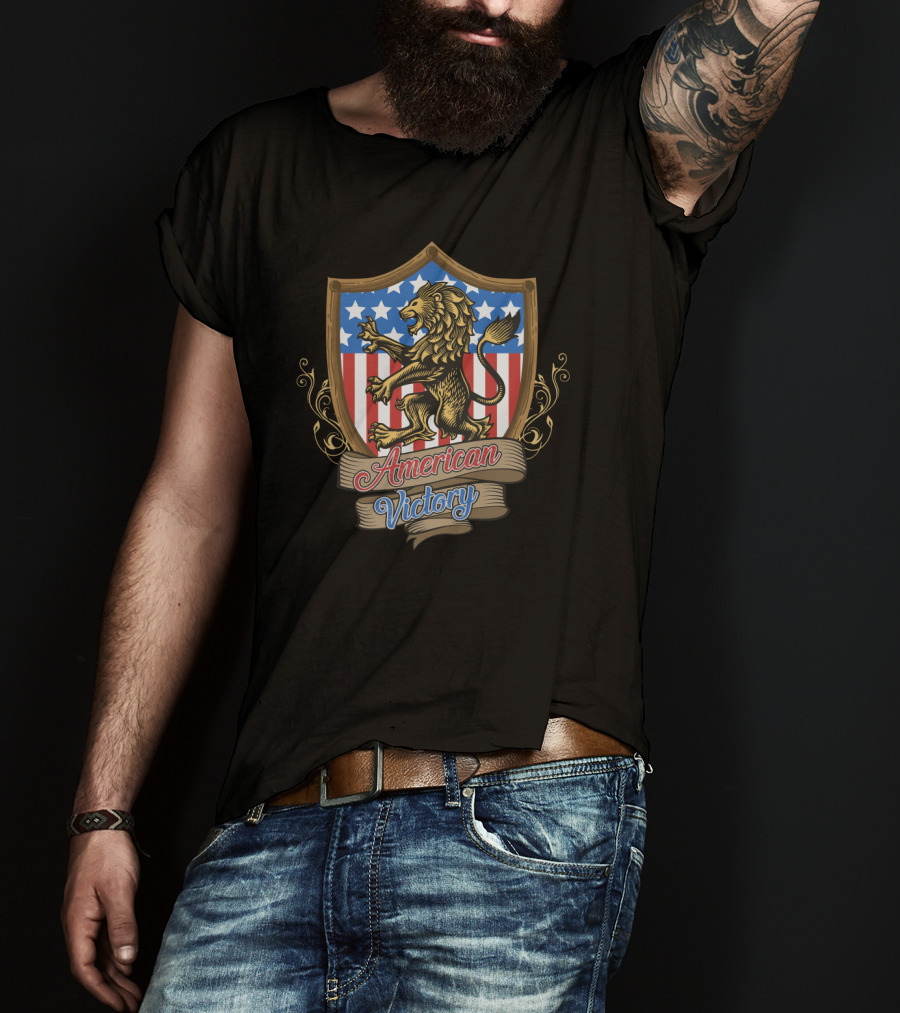 American Victory Lion Shield Stars Stripes Banner T-Shirt