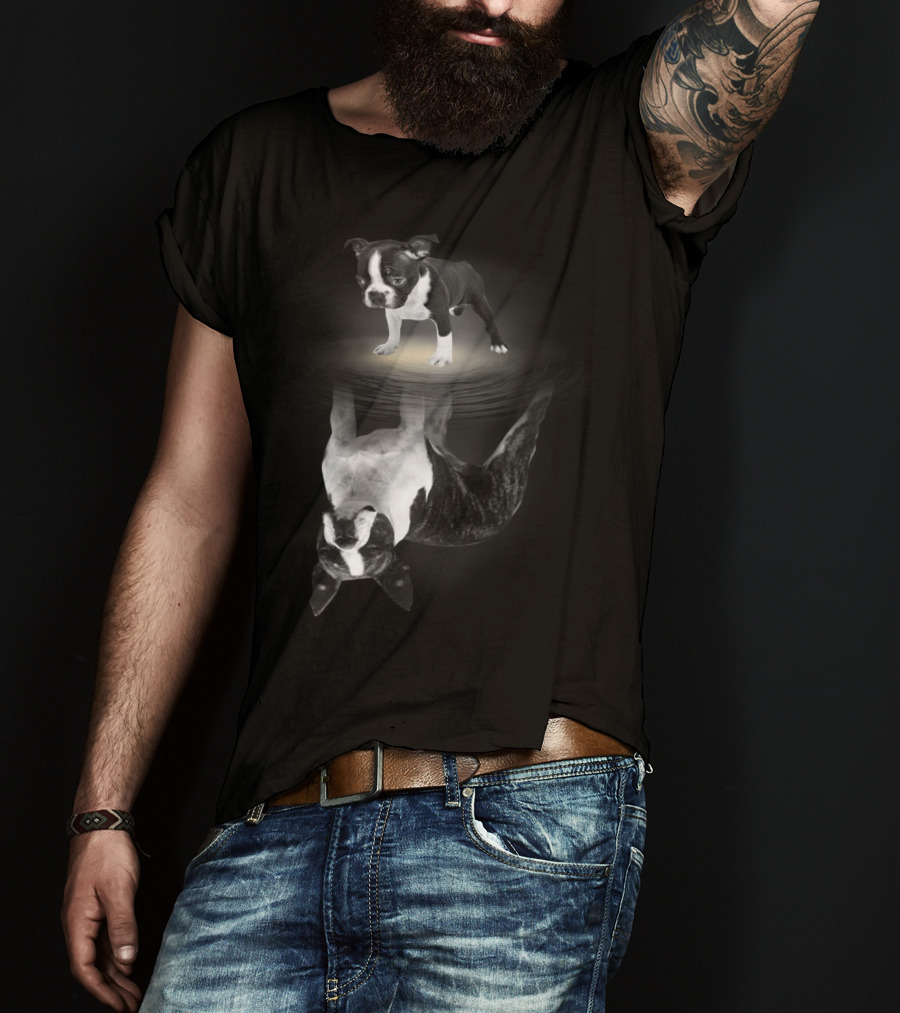 Bostie Mom Boston Terrier Reflections In Water With Puppy T-Shirt