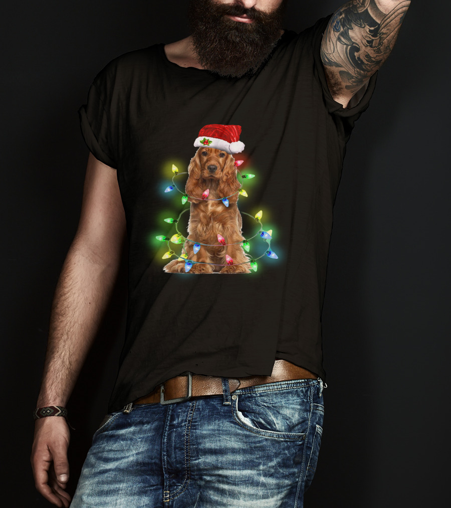 Cocker Spaniel Christmas Santa Hat Wrapped In Colorful Holiday Lights T-Shirt