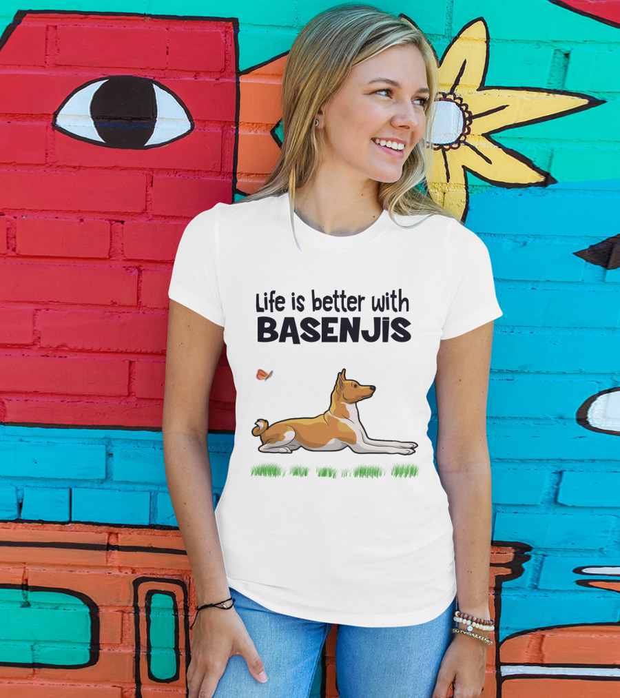 Life Is Better With Basenjis Dog 70s Retro Style Laying On Grass With Butterfly T-Shirt