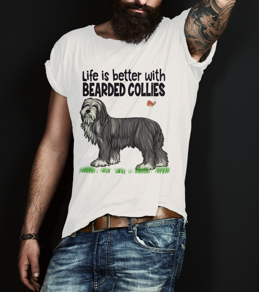 Life Is Better With Bearded Collies Illustration With Butterfly And Grass T-Shirt