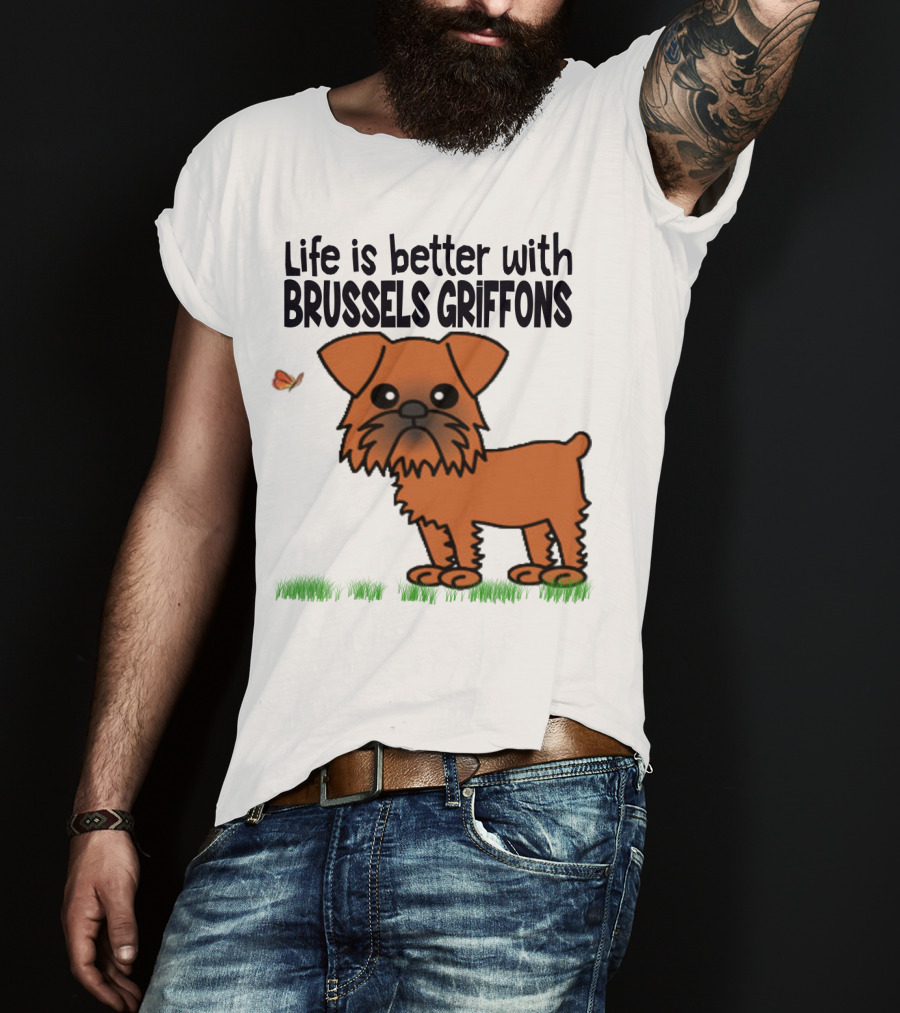 Life Is Better With Brussels Griffons Cartoon Dog And Butterfly T-Shirt