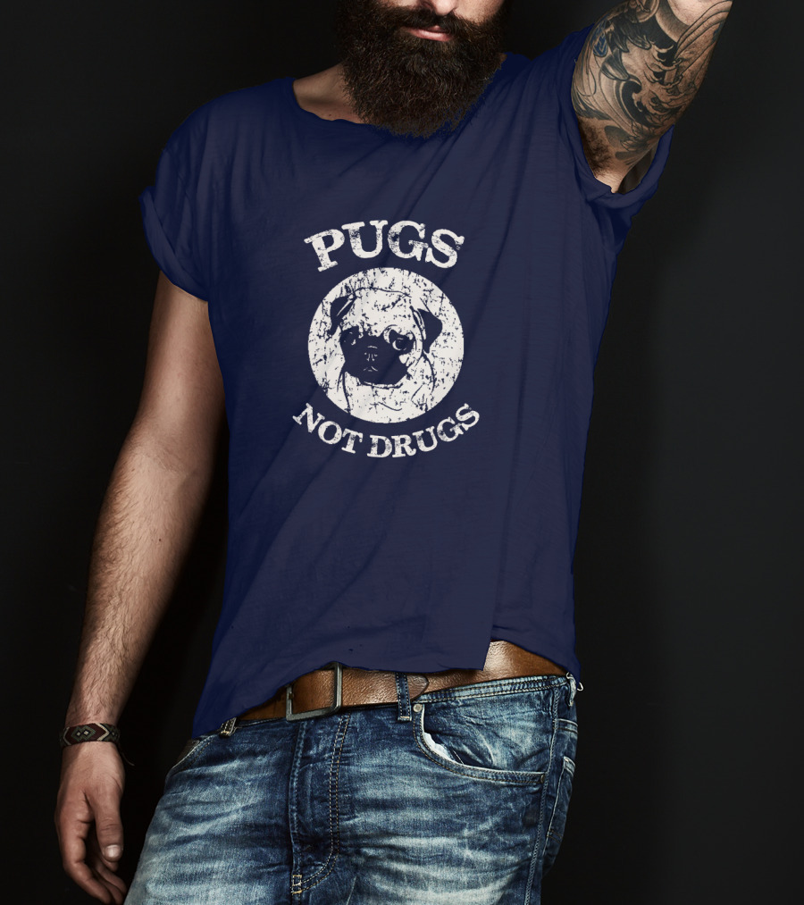 Vintage Style Pugs Not Drugs With Distressed Pug Face T-Shirt