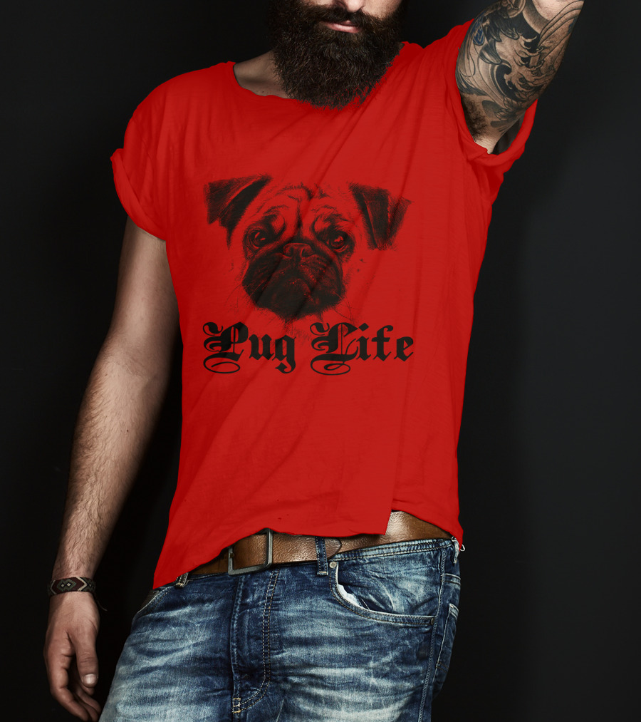 Pug Life Gothic Script With Realistic Pug T-Shirt