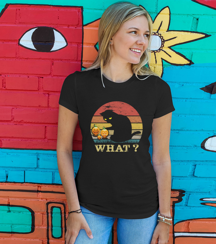 What? Funny Black Cat With Jack-o'-Lanterns Retro Halloween T-Shirt