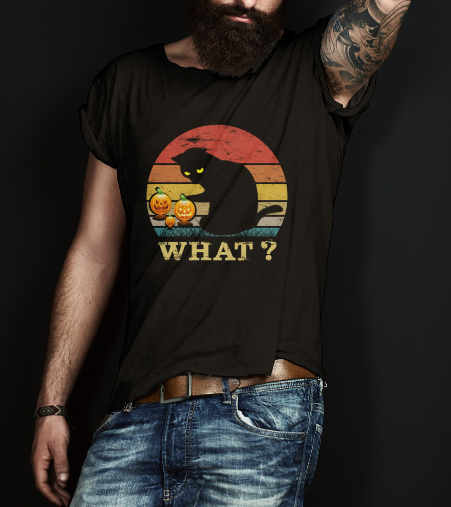 What? Funny Black Cat With Jack-o'-Lanterns Retro Halloween T-Shirt