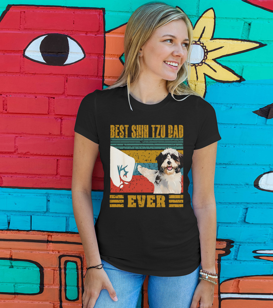 Best Shih Tzu Dad Ever Vintage Style Dog Paw Prints T-Shirt