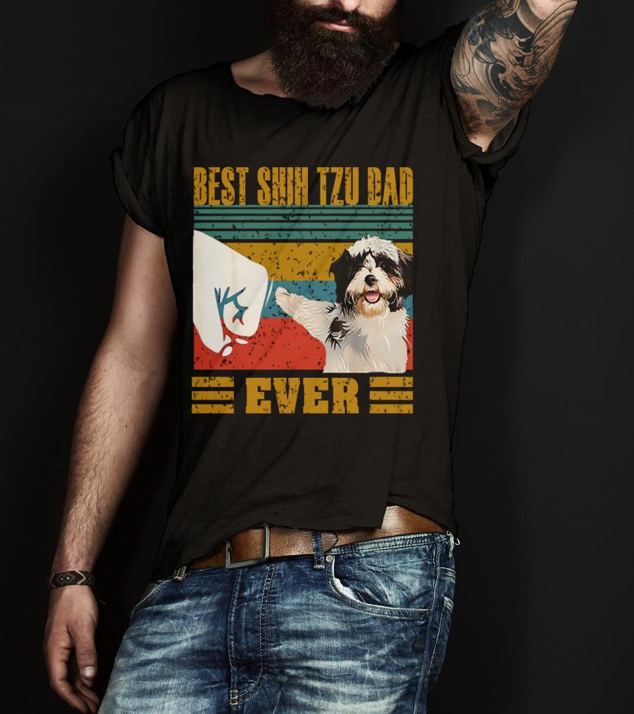 Best Shih Tzu Dad Ever Vintage Style Dog Paw Prints T-Shirt