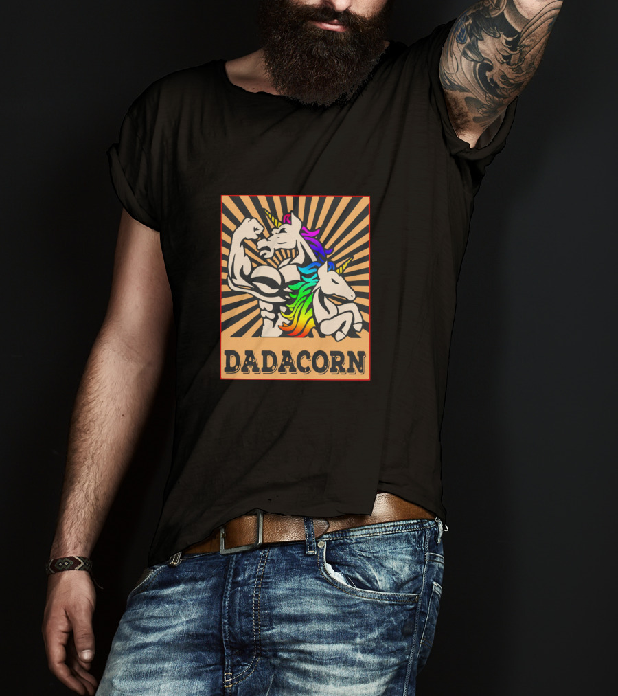 Dadacorn Muscular Rainbow Unicorn Duo With Sunburst Background T-Shirt