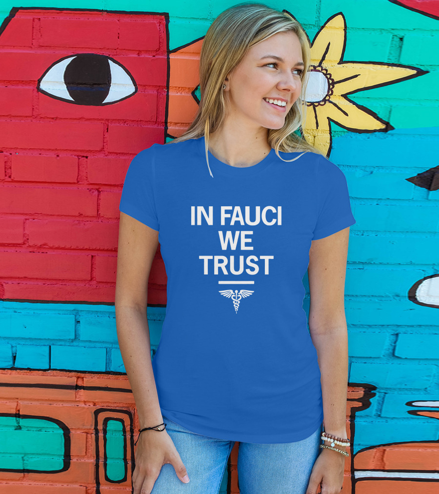 IN FAUCI WE TRUST Blue Caduceus Emblem T-Shirt