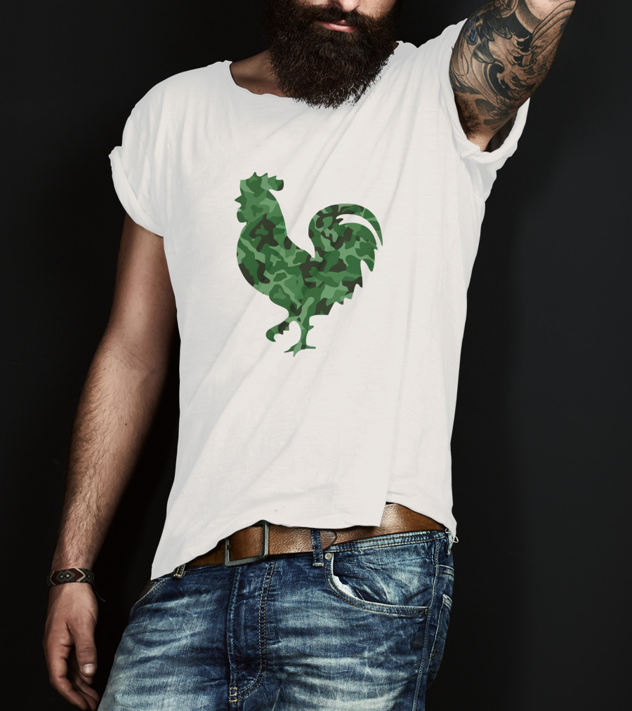 Chicken Camo Rooster Silhouette In Green Camouflage T-Shirt
