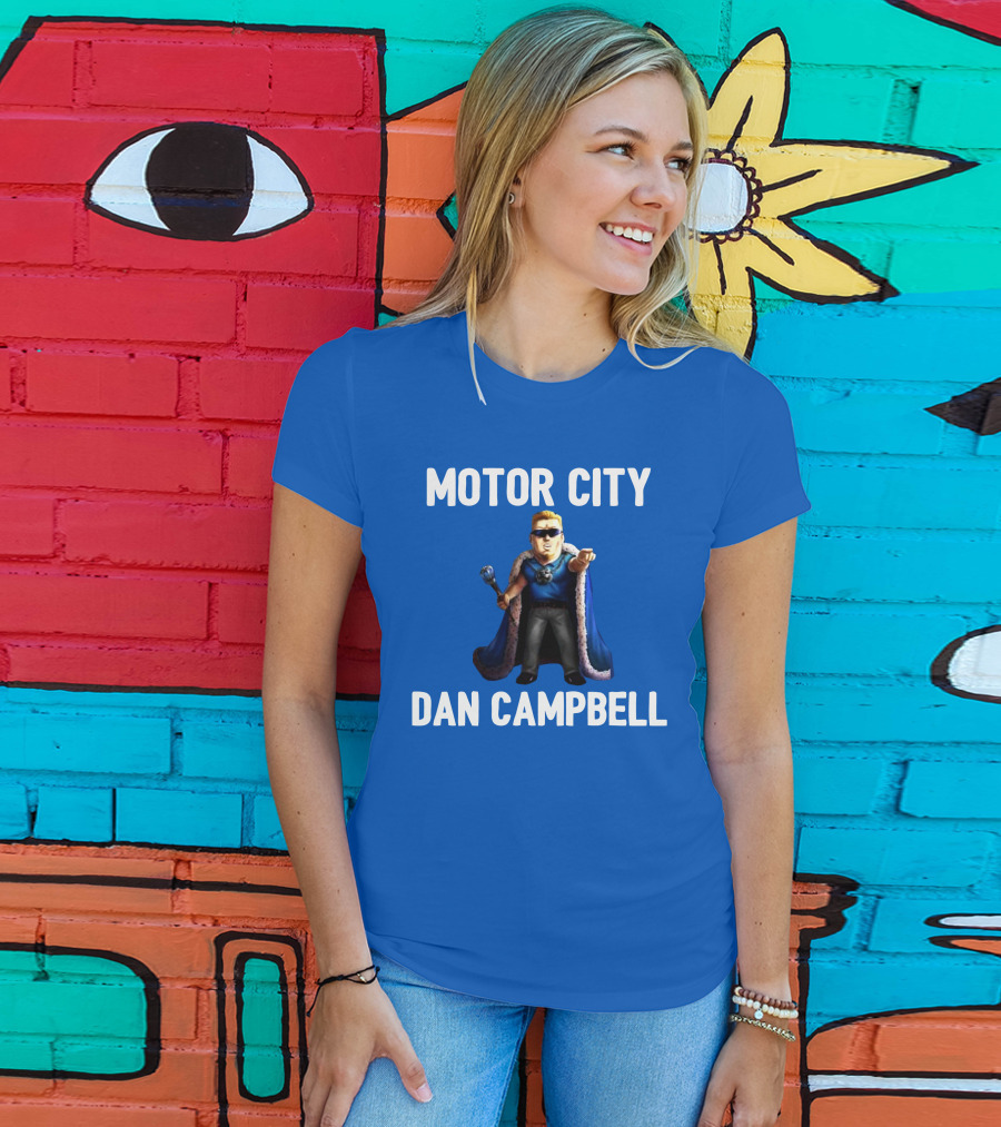 Motor City Dan Campbell Iconic Blue Cape And Scepter Character Representation T-Shirt