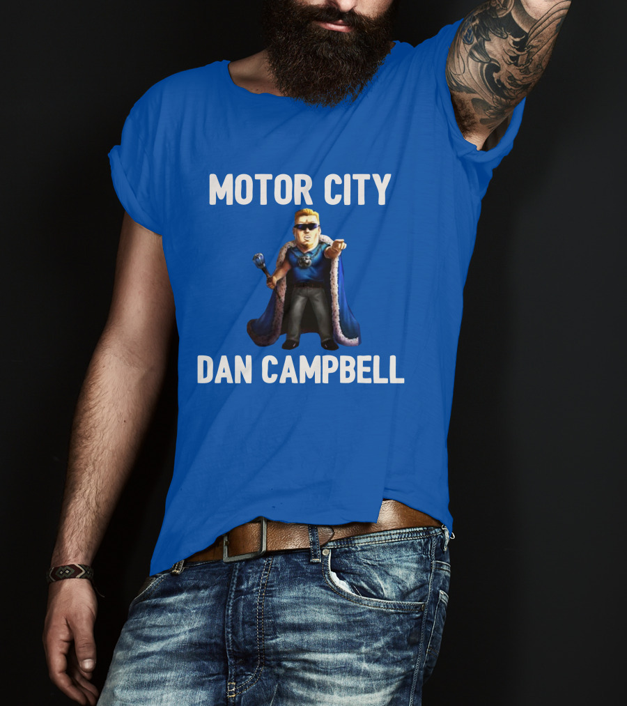 Motor City Dan Campbell Iconic Blue Cape And Scepter Character Representation T-Shirt