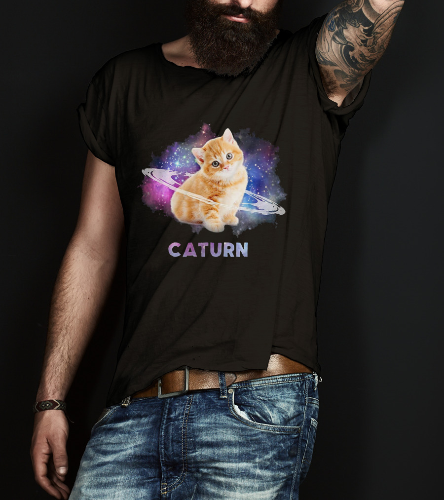 Cat In Space Caturn Saturn Randball Kitten In Cosmic Rings T-Shirt