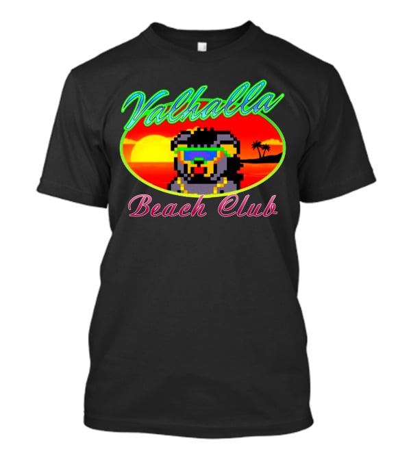 Valhalla Beach Club 80s Retro Pixel Sunset And Palm Trees T-Shirt