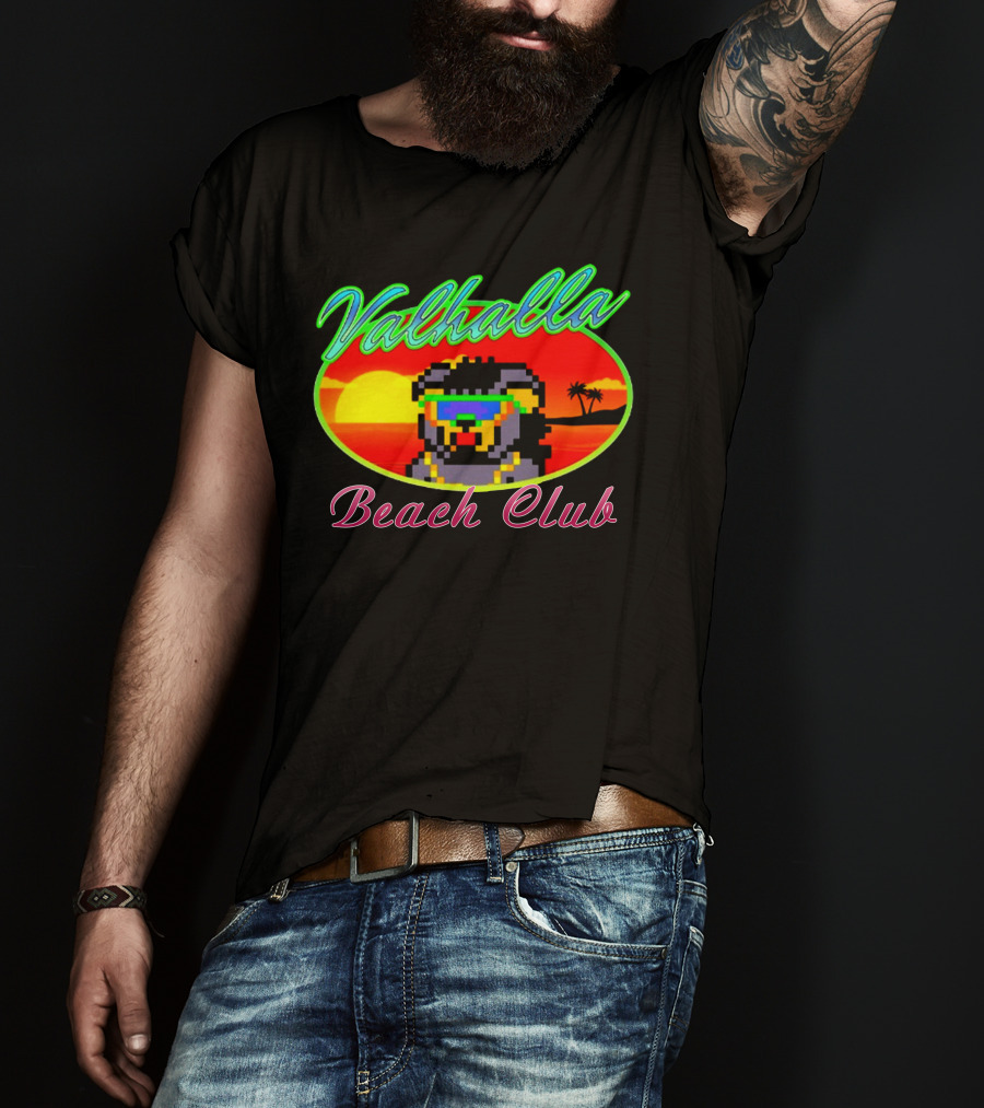 Valhalla Beach Club 80s Retro Pixel Sunset And Palm Trees T-Shirt