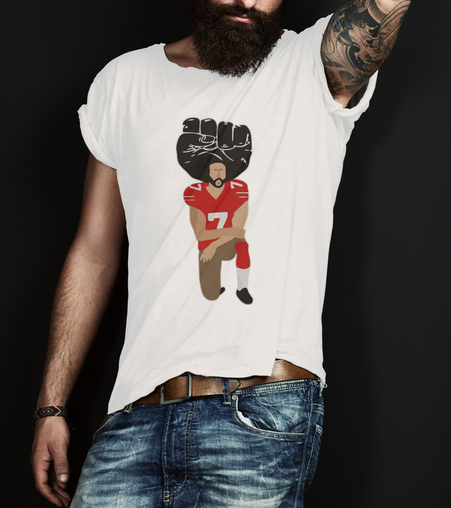 Colin Kaepernick Kneeling With Raised Fist And Red Football Jersey Number 7 T-Shirt