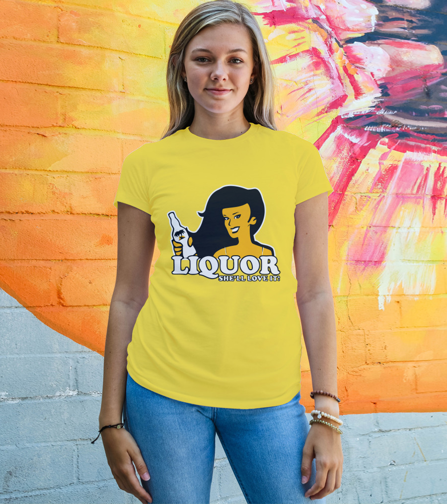 Liquor She'll Love It Retro Pin-Up Style Woman Holding Bottle T-Shirt