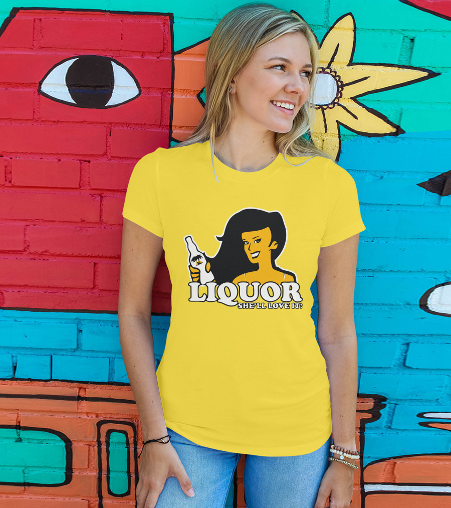 Liquor She'll Love It Retro Pin-Up Style Woman Holding Bottle T-Shirt