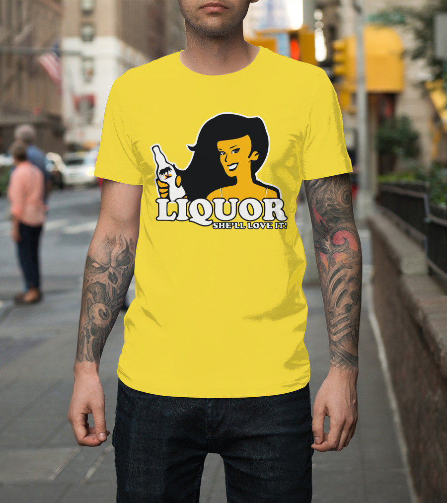 Liquor She'll Love It Retro Pin-Up Style Woman Holding Bottle T-Shirt