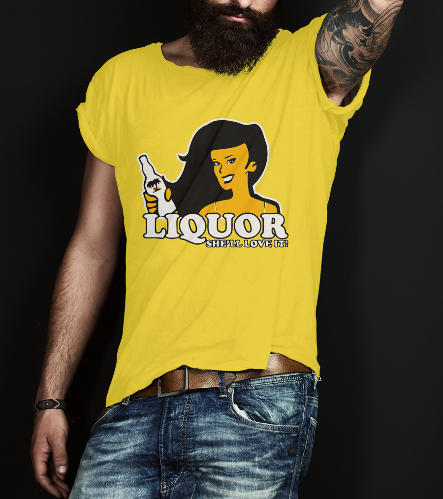 Liquor She'll Love It Retro Pin-Up Style Woman Holding Bottle T-Shirt