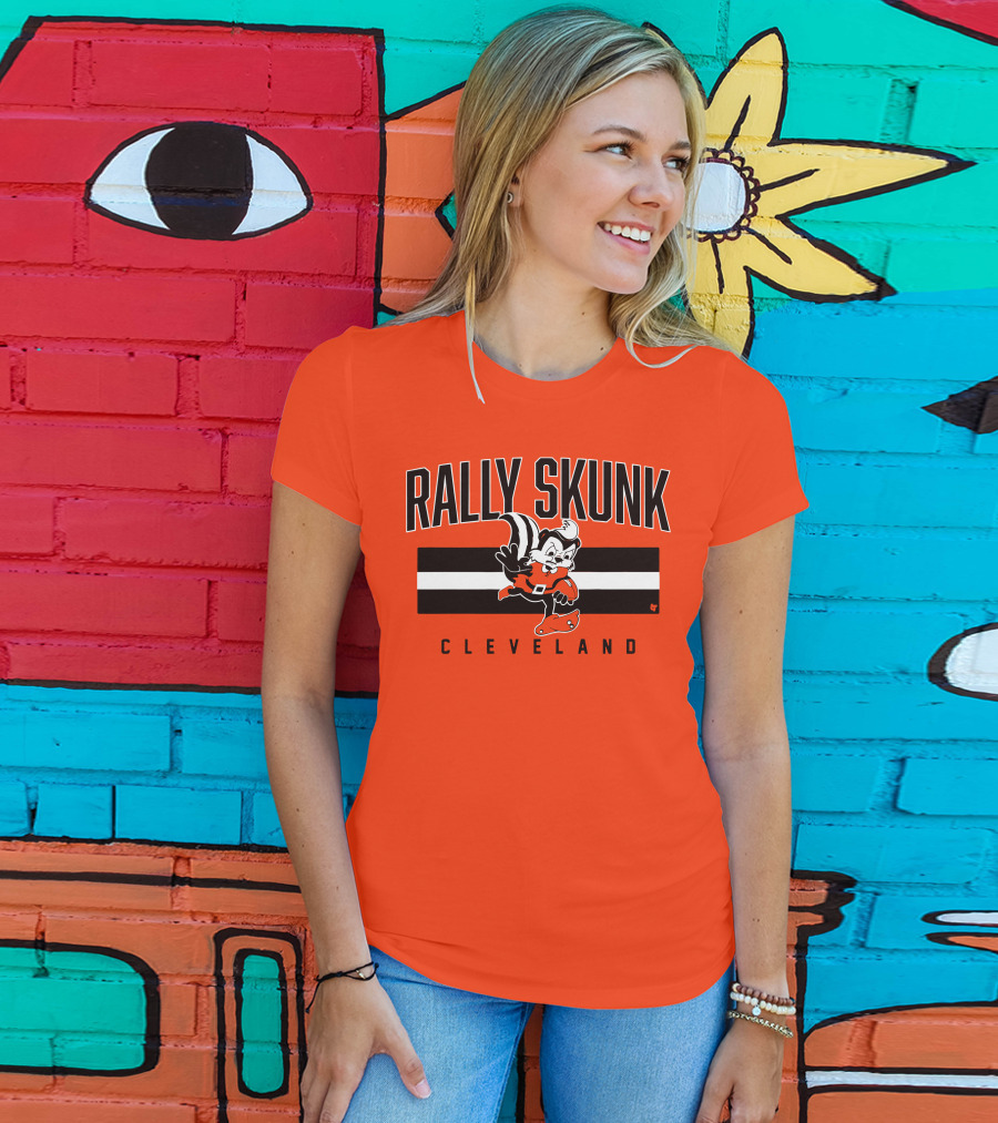 Cleveland Rally Skunk Football Character Sporting Orange Helmets T-Shirt