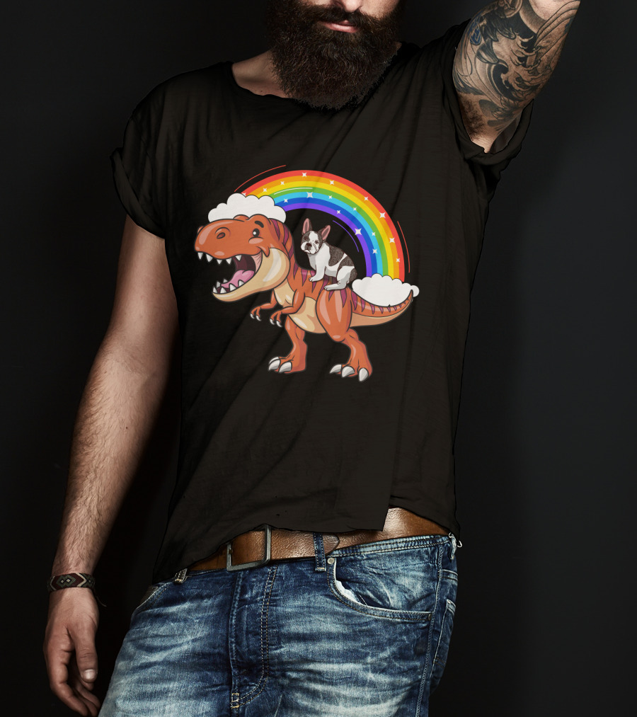 French Bulldog Riding Dinosaur With Rainbow And Clouds T-Shirt