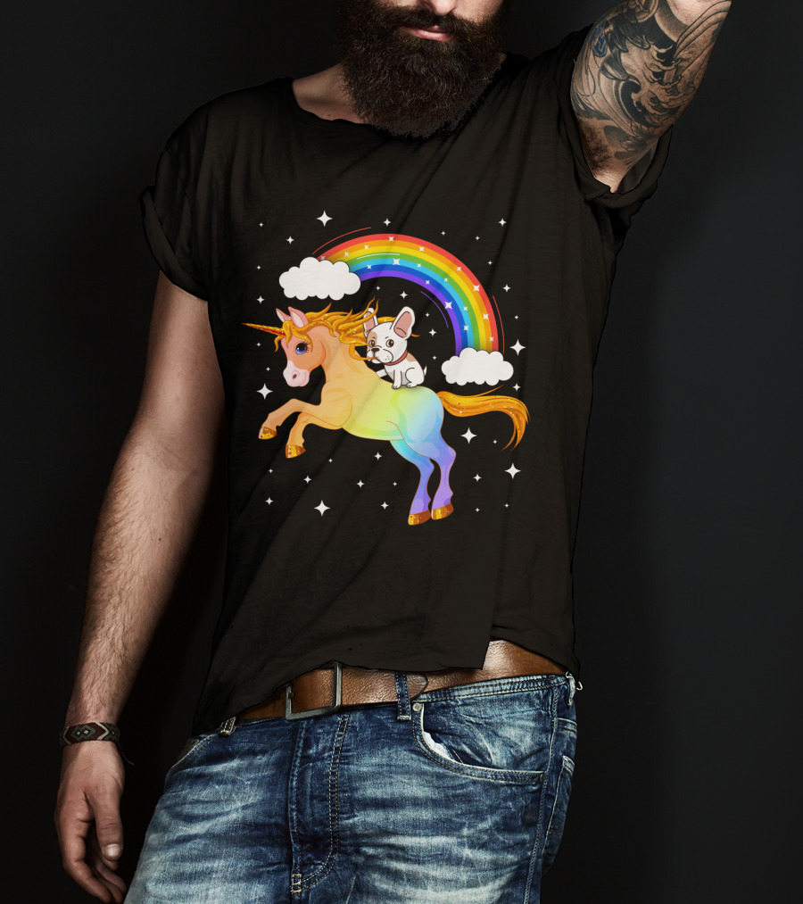 French Bulldog Riding Rainbow Unicorn With Stars And Clouds T-Shirt