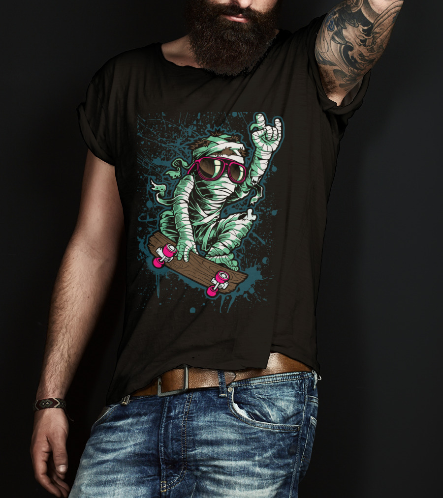 Return Mummy Skateboarding With Sunglasses Rock Hand Gesture T-Shirt