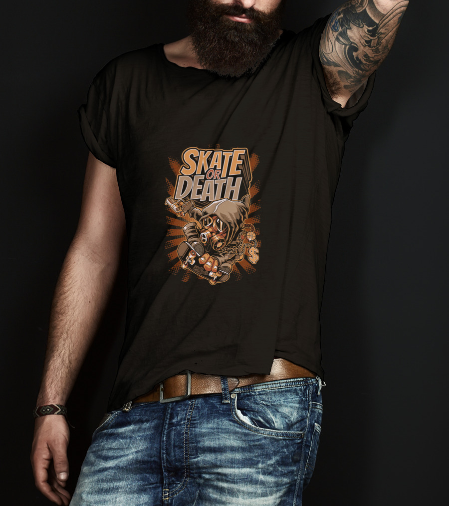 SKATE OR DEATH Graffiti-Style Gas Mask Skeleton Holding Cash And Gun On Skateboard T-Shirt