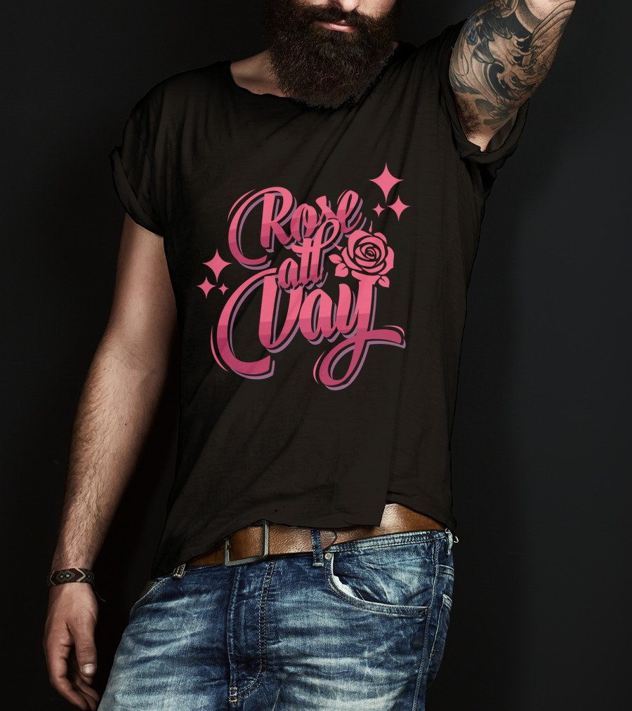Rose All Day With Stylized Pink Rose And Stars T-Shirt