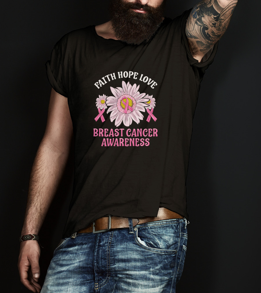 Faith Hope Love Breast Cancer Awareness Pink Ribbon Flower T-Shirt