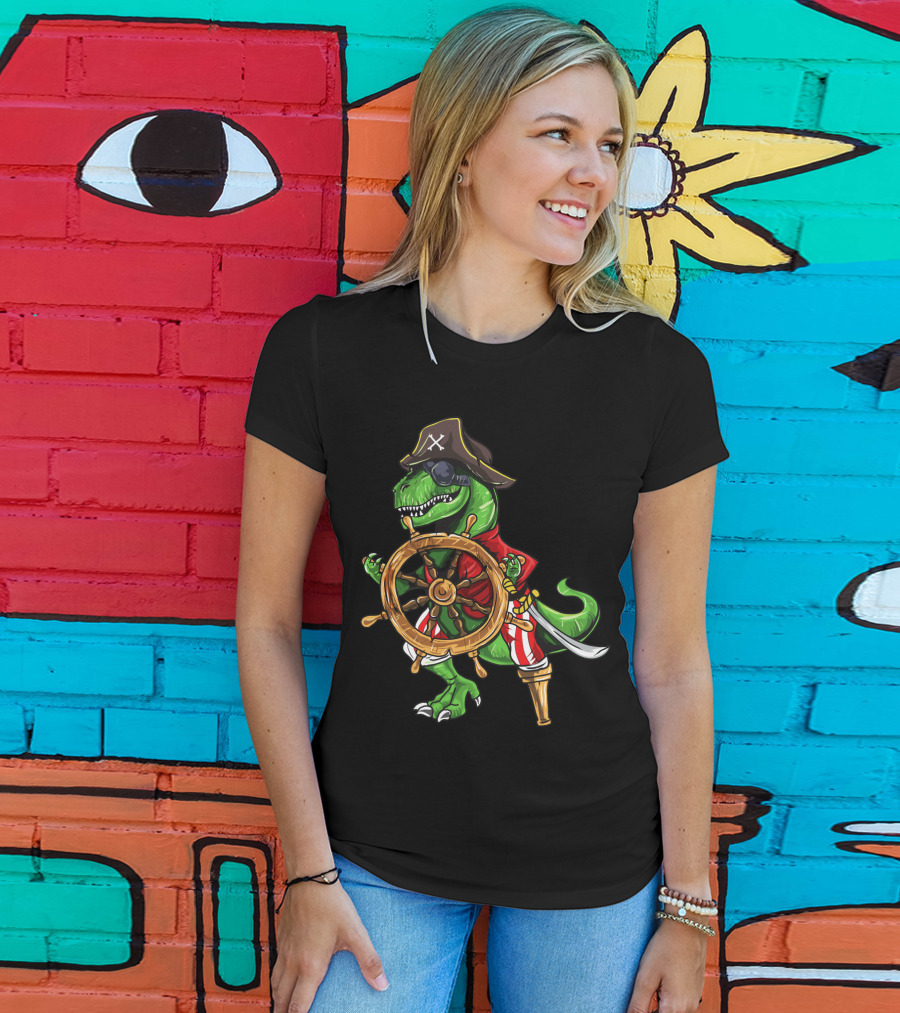T-Rex Pirate Hat Wooden Leg Steering Ship Wheel Halloween Skull T-Shirt