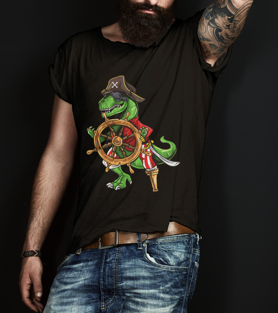 T-Rex Pirate Hat Wooden Leg Steering Ship Wheel Halloween Skull T-Shirt