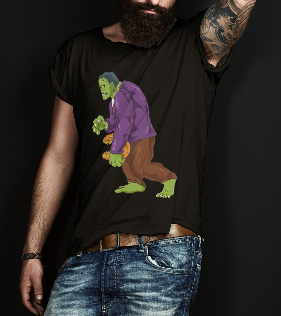 Frankenstein Bigfoot Carrying Pumpkin Funny Halloween Monster Zombie T-Shirt
