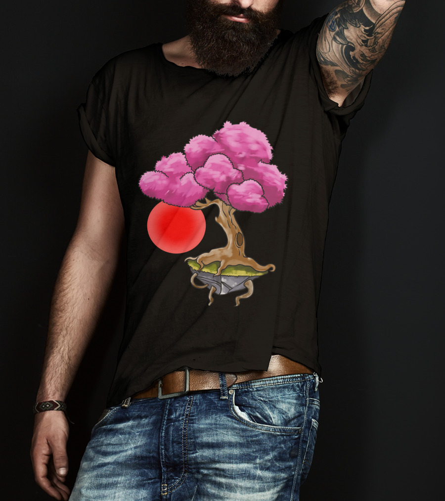 Floating Japanese Cherry Blossom Sakura Tree With Red Sun Sphere T-Shirt