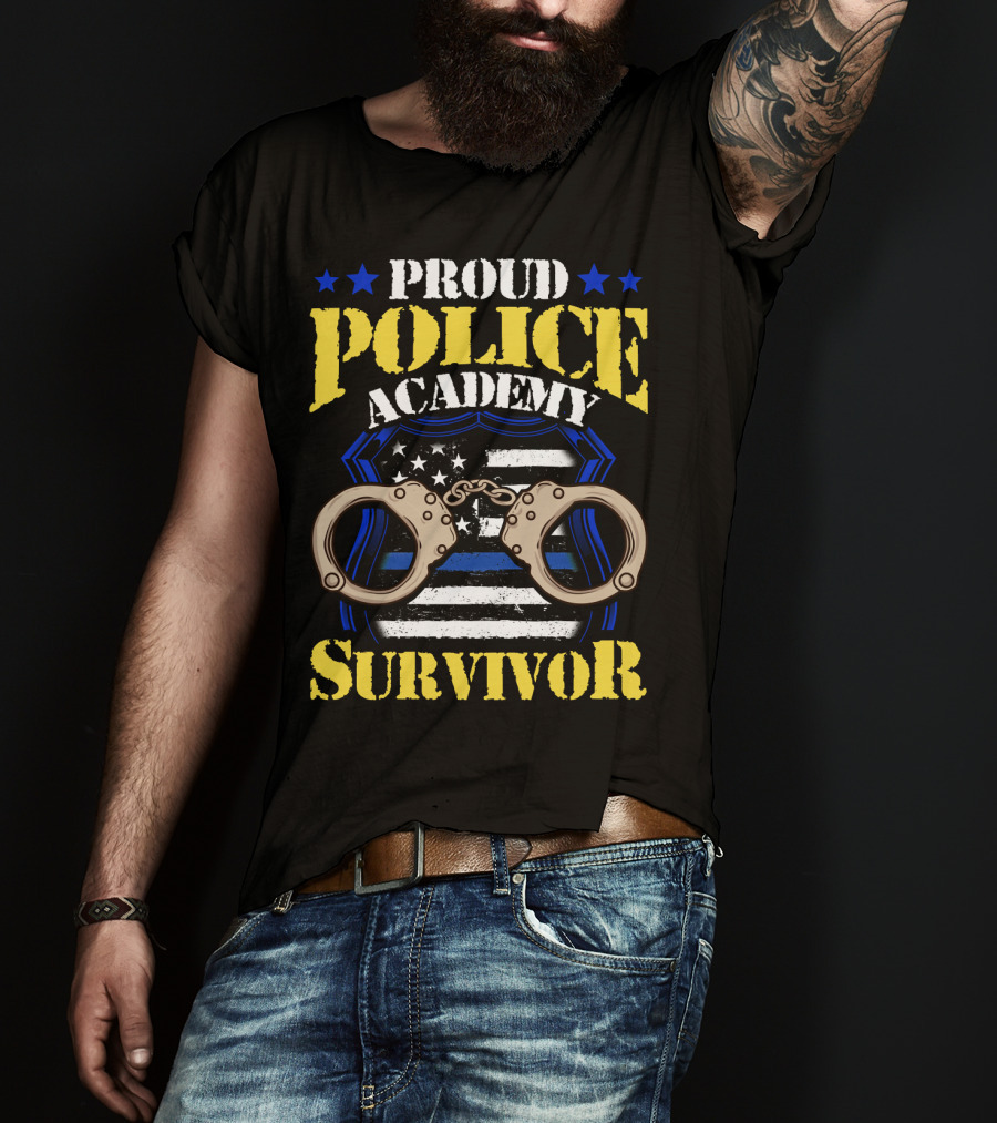 Proud Police Academy Survivor Stars Badge Handcuffs American Flag T-Shirt