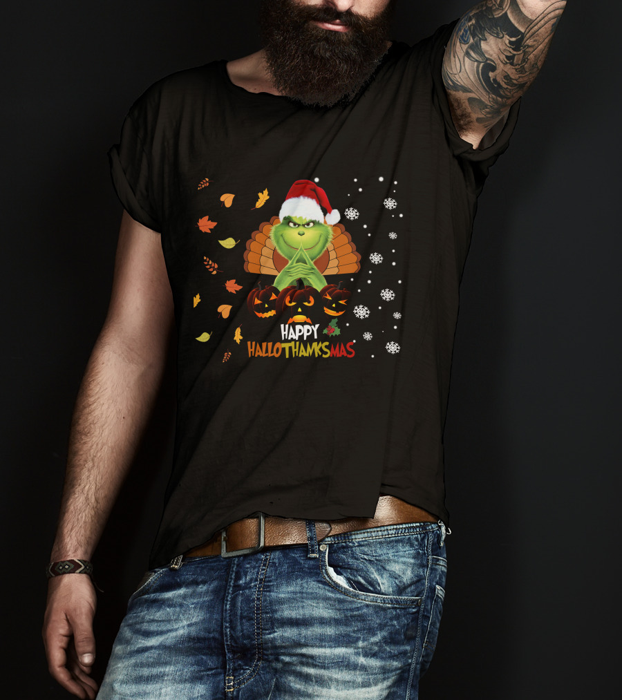 Grinch Happy Hallothanksmas Turkey Santa Hat Pumpkins Leaves Snowflakes T-Shirt