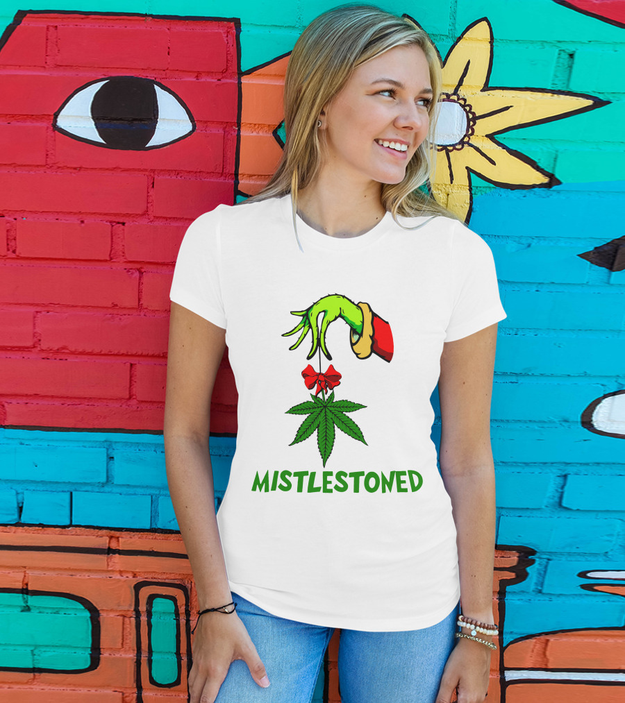 Grinch Hand Holding Mistletoe Leaf With Mistlestoned Text T-Shirt