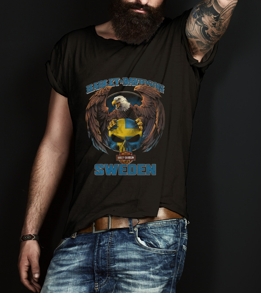 Harley Davidson Sweden Eagle Flag Skull T-Shirt