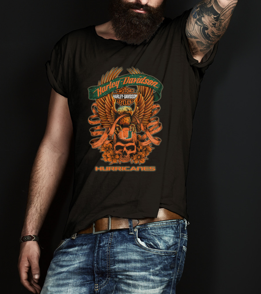 Harley Davidson Motor Cycles Miami Hurricanes Eagle Skull Ribbon Art T-Shirt
