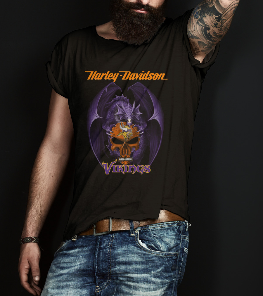 Harley Davidson Minnesota Vikings Dragon Skull Nfl T-Shirt