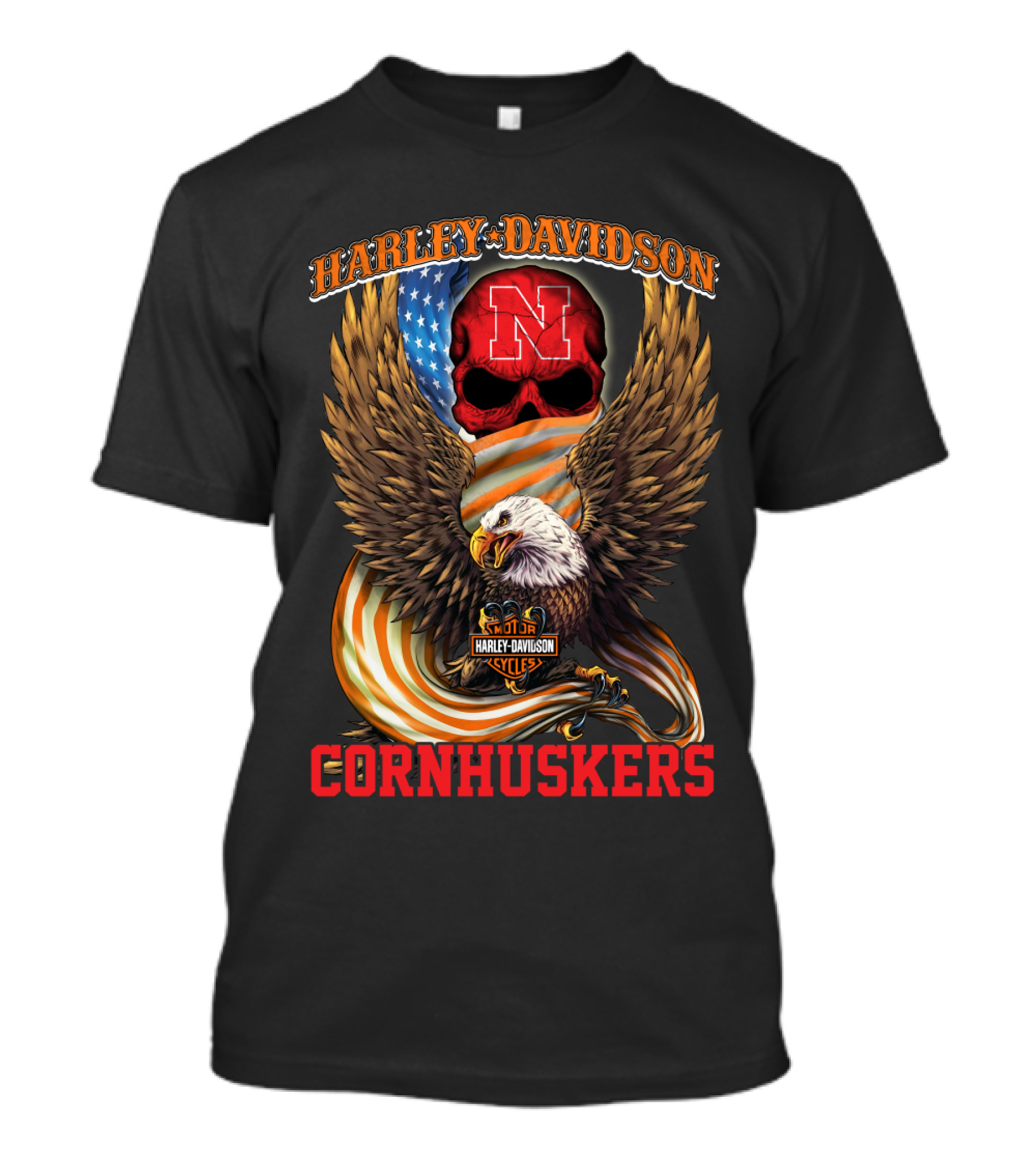 Harley Davidson Cornhuskers Nebraska Skull American Flag Eagle T-Shirt