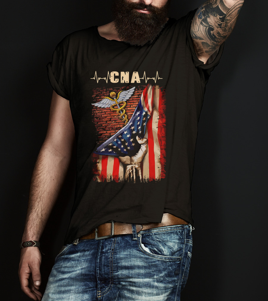CNA Nurse American Flag Caduceus Symbol With Heartbeat T-Shirt