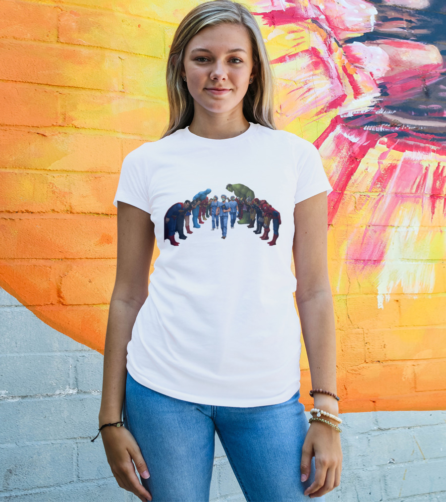 Healthcare Super Heroes Surrounded By Iconic Superhero Characters T-Shirt
