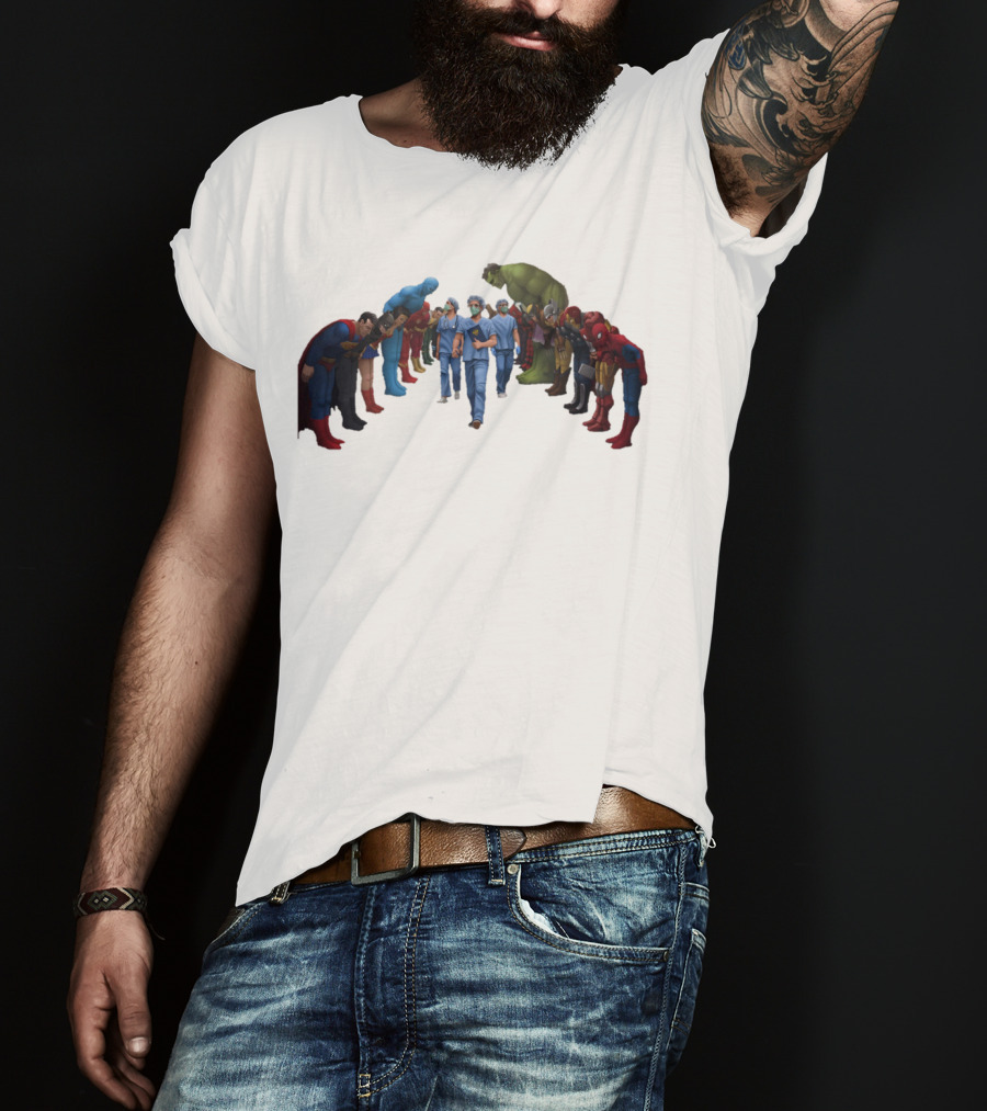 Healthcare Super Heroes Surrounded By Iconic Superhero Characters T-Shirt
