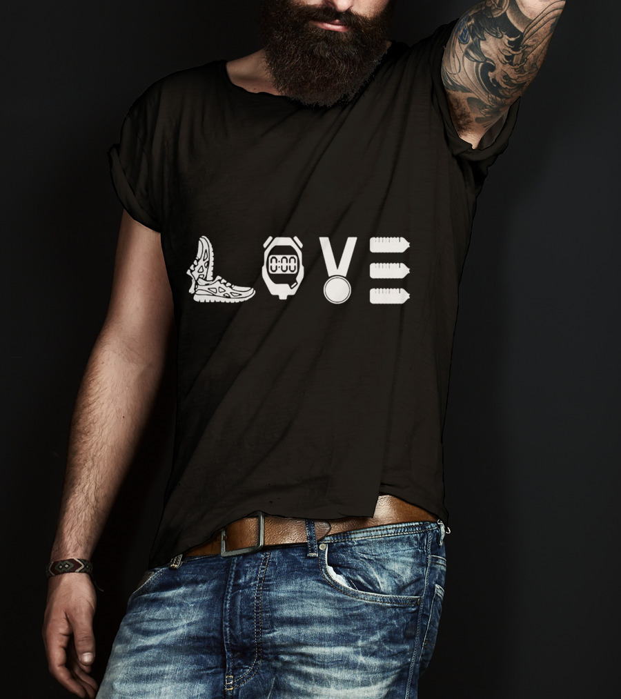 LOVE RUNNING Stopwatch Medal Shoes Bottles T-Shirt