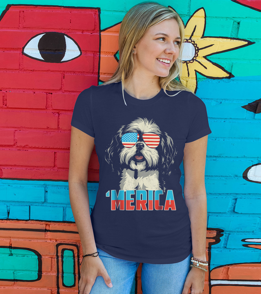 Patriotic Shih Tzu 'Merica With American Flag Sunglasses T-Shirt