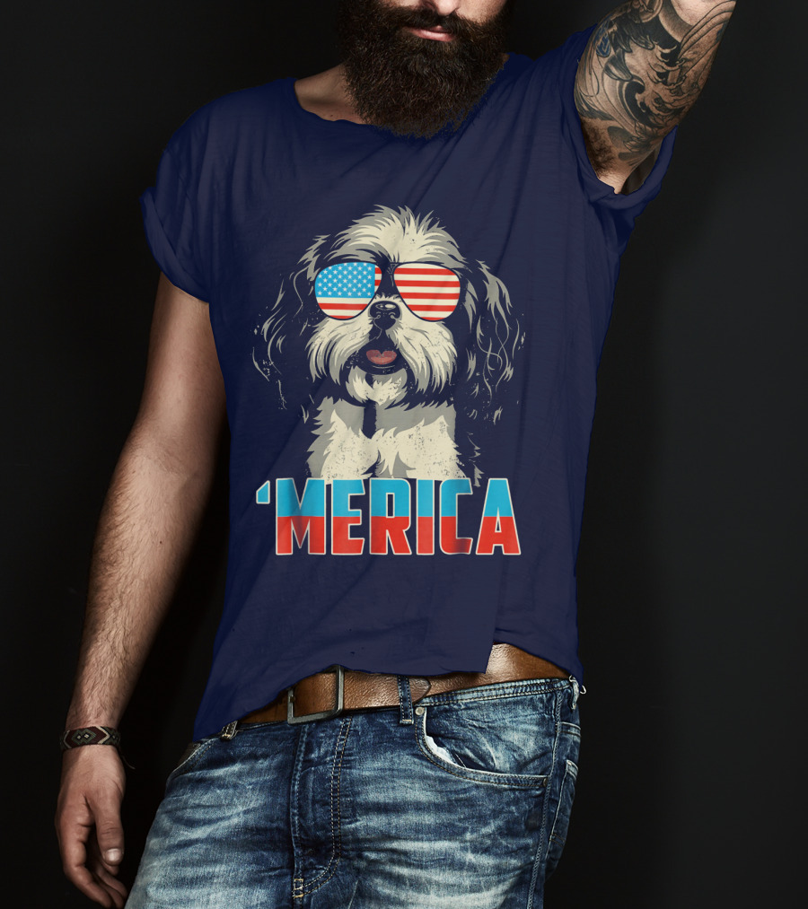 Patriotic Shih Tzu 'Merica With American Flag Sunglasses T-Shirt